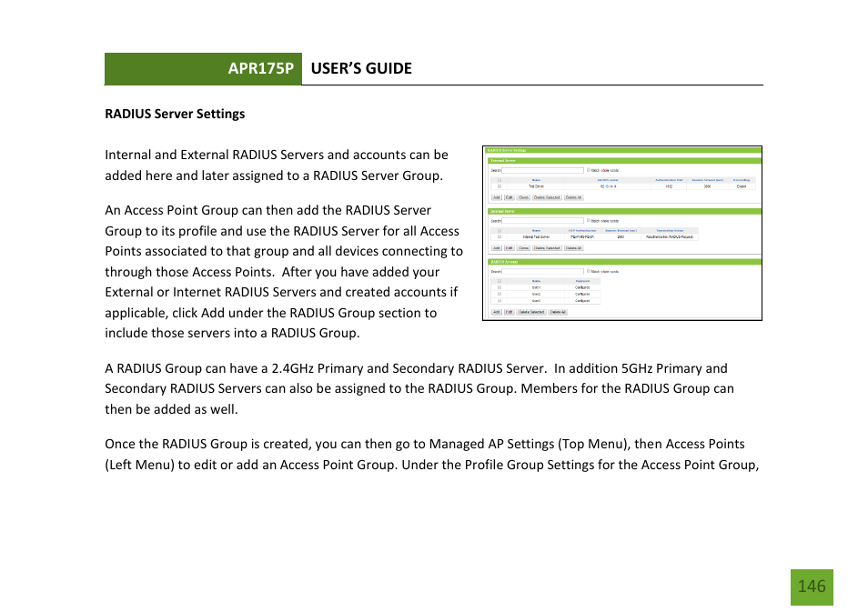 Radius server settings | Amped Wireless APR175P - ProSeries High Power AC1750 Wi-Fi Access Point / Router User Manual | Page 147 / 186