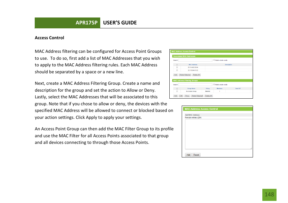 Access control | Amped Wireless APR175P - ProSeries High Power AC1750 Wi-Fi Access Point / Router User Manual | Page 149 / 186