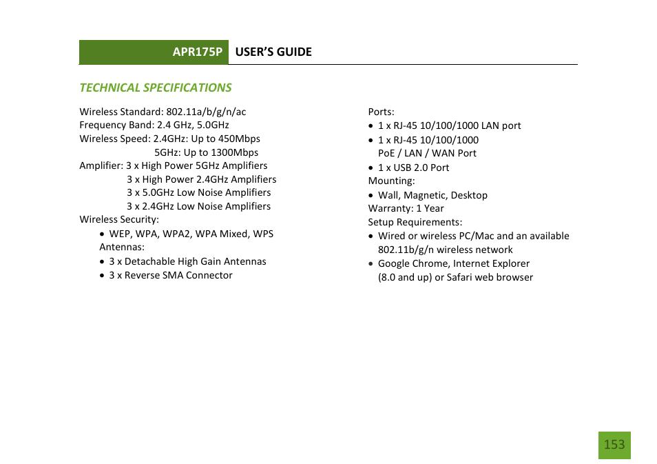 Technical specifications | Amped Wireless APR175P - ProSeries High Power AC1750 Wi-Fi Access Point / Router User Manual | Page 154 / 186