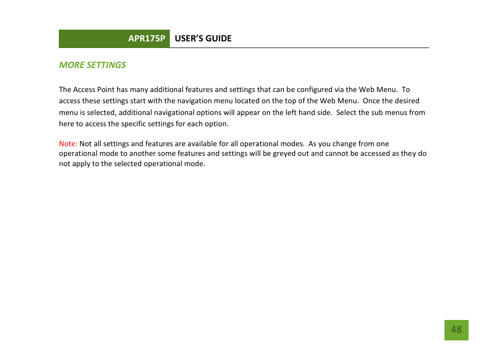 More settings | Amped Wireless APR175P - ProSeries High Power AC1750 Wi-Fi Access Point / Router User Manual | Page 49 / 186