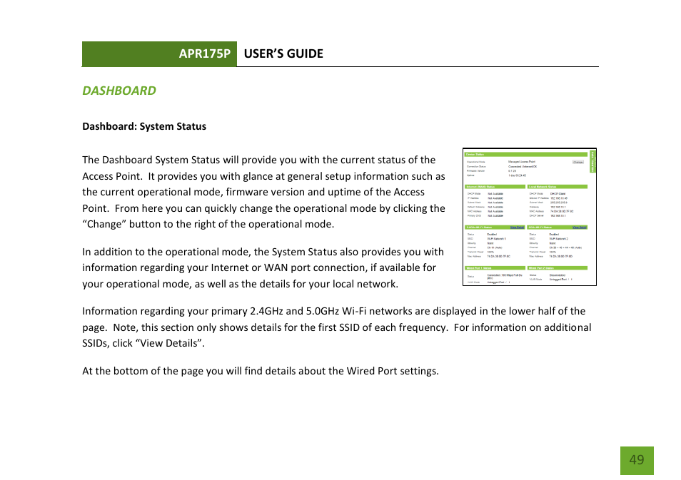 Dashboard system status | Amped Wireless APR175P - ProSeries High Power AC1750 Wi-Fi Access Point / Router User Manual | Page 50 / 186