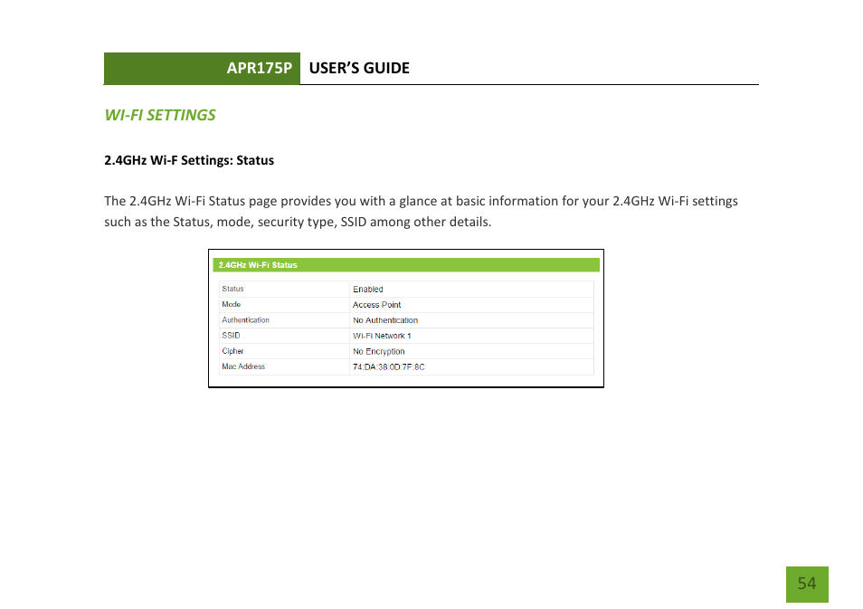 Wi-fi settings 2.4ghz status | Amped Wireless APR175P - ProSeries High Power AC1750 Wi-Fi Access Point / Router User Manual | Page 55 / 186