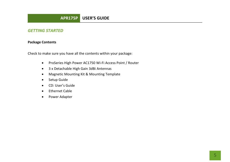 Getting started package contents | Amped Wireless APR175P - ProSeries High Power AC1750 Wi-Fi Access Point / Router User Manual | Page 6 / 186