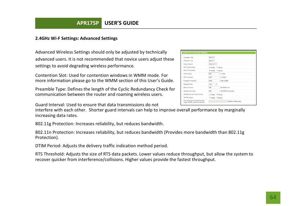 4ghz advanced settings | Amped Wireless APR175P - ProSeries High Power AC1750 Wi-Fi Access Point / Router User Manual | Page 65 / 186