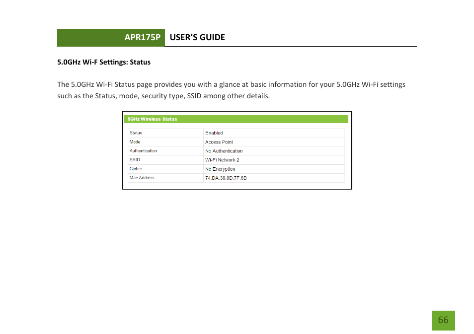 0ghz status | Amped Wireless APR175P - ProSeries High Power AC1750 Wi-Fi Access Point / Router User Manual | Page 67 / 186