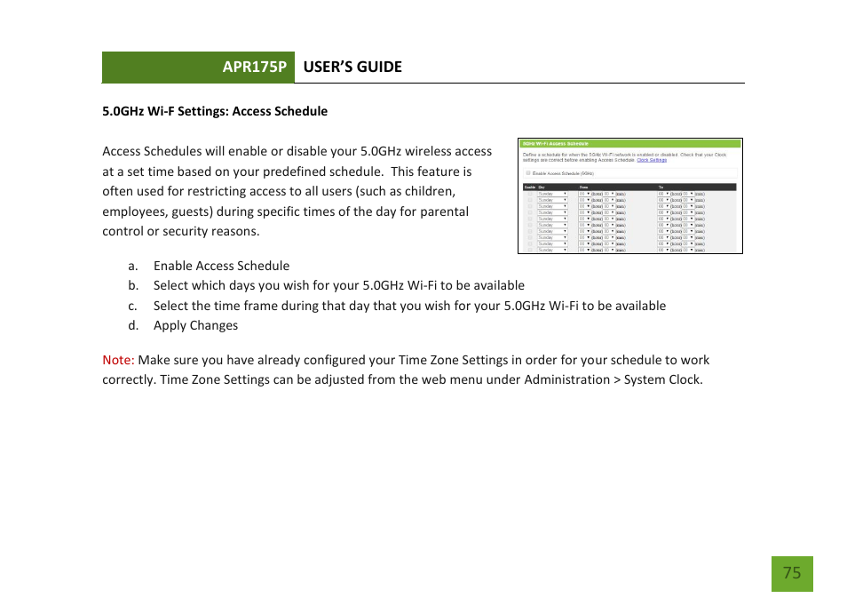 0ghz access schedule | Amped Wireless APR175P - ProSeries High Power AC1750 Wi-Fi Access Point / Router User Manual | Page 76 / 186