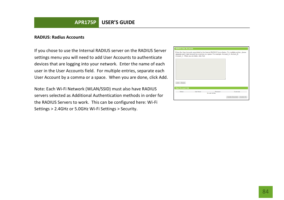 Radius accounts | Amped Wireless APR175P - ProSeries High Power AC1750 Wi-Fi Access Point / Router User Manual | Page 85 / 186