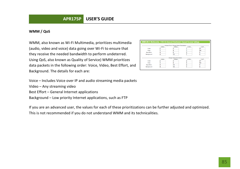 Wmm / qos | Amped Wireless APR175P - ProSeries High Power AC1750 Wi-Fi Access Point / Router User Manual | Page 86 / 186