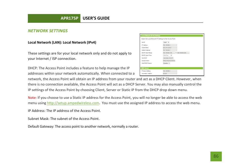 Network settings local network (ipv4) | Amped Wireless APR175P - ProSeries High Power AC1750 Wi-Fi Access Point / Router User Manual | Page 87 / 186