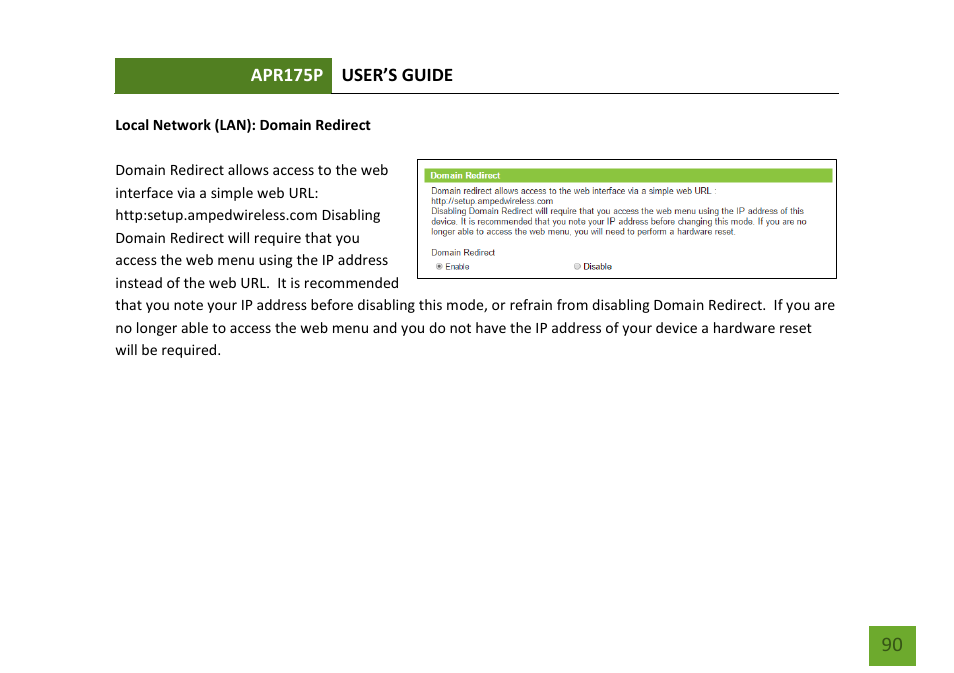 Domain redirect | Amped Wireless APR175P - ProSeries High Power AC1750 Wi-Fi Access Point / Router User Manual | Page 91 / 186