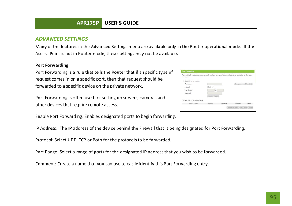 Advanced settings port forwarding | Amped Wireless APR175P - ProSeries High Power AC1750 Wi-Fi Access Point / Router User Manual | Page 96 / 186