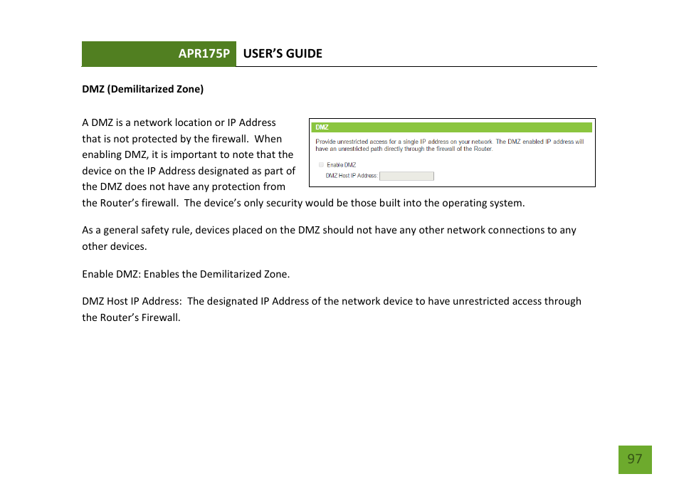 Dmz (demilitarized zone) | Amped Wireless APR175P - ProSeries High Power AC1750 Wi-Fi Access Point / Router User Manual | Page 98 / 186