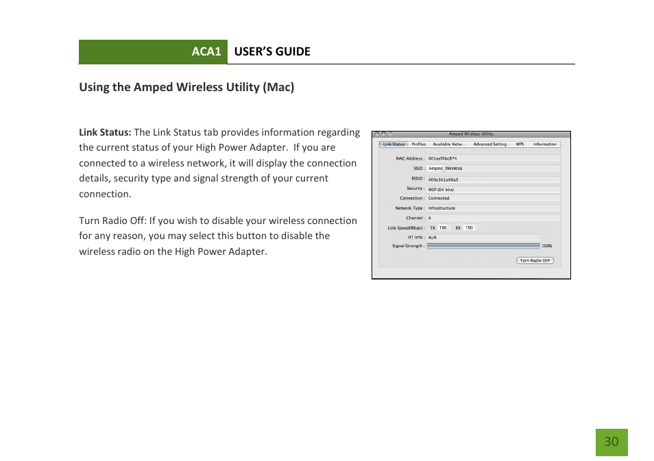 Using the amped wireless utility (mac) | Amped Wireless ACA1 - High Power 500mW Dual Band AC Wi-Fi USB Adapter User Manual | Page 31 / 50