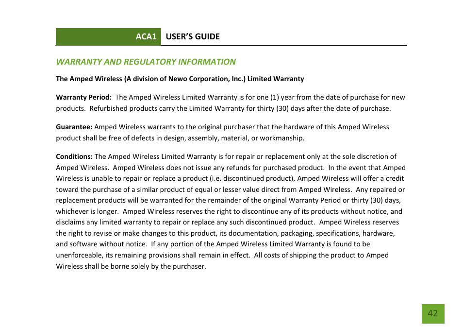 Warranty and regulatory information | Amped Wireless ACA1 - High Power 500mW Dual Band AC Wi-Fi USB Adapter User Manual | Page 43 / 50