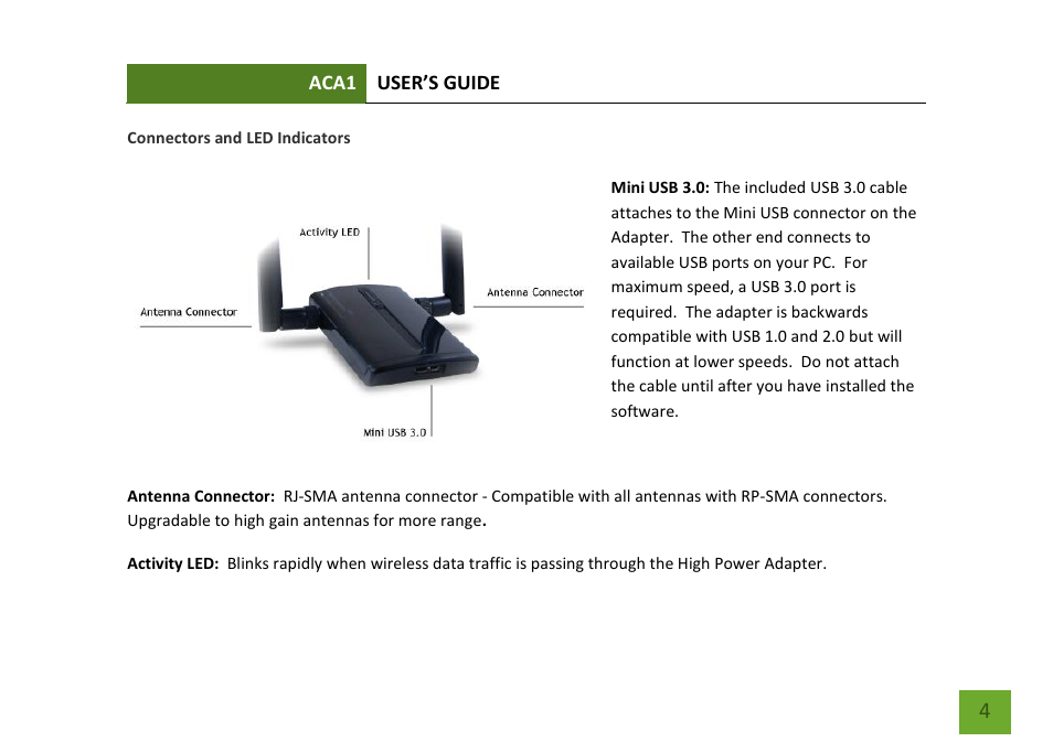 Connectors and led indicators | Amped Wireless ACA1 - High Power 500mW Dual Band AC Wi-Fi USB Adapter User Manual | Page 5 / 50