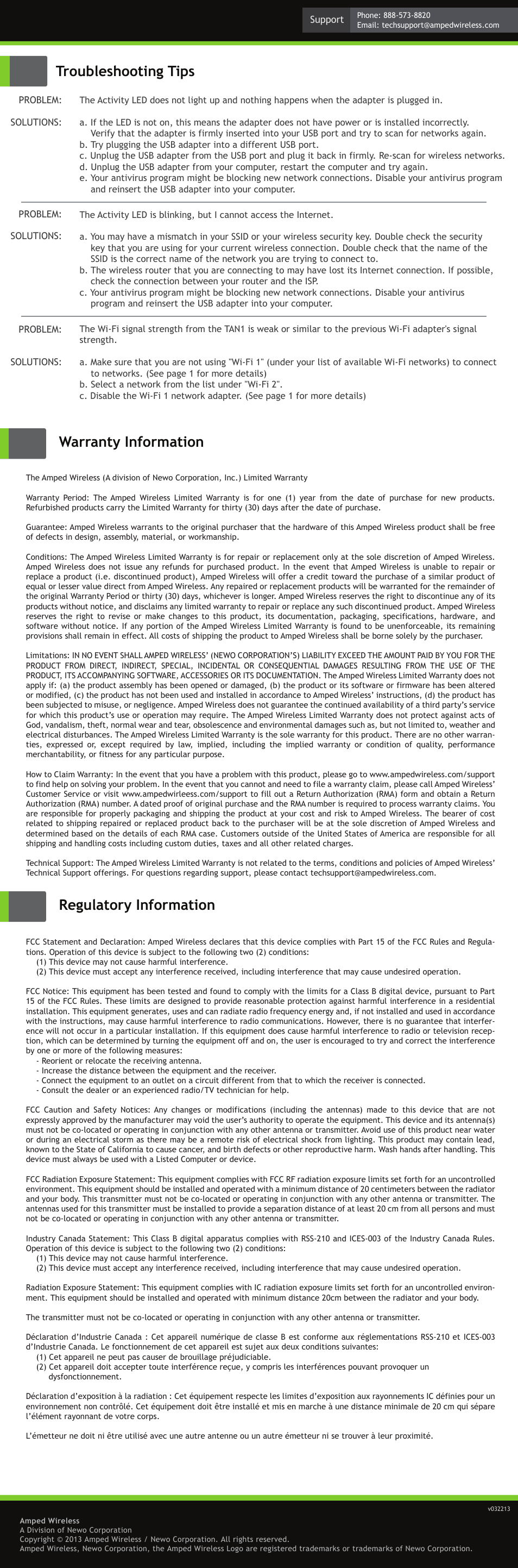 Warranty information regulatory information, Troubleshooting tips | Amped Wireless TAN1 - High Power Wi-Fi Adapter for Windows 8 User Manual | Page 2 / 2