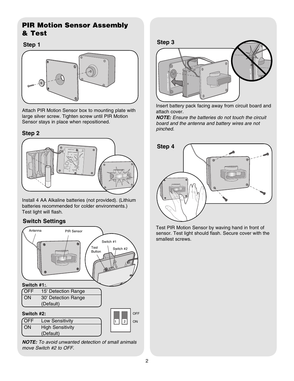 Pir motion sensor assembly & test, Switch settings, Step 4 switch settings | Step 3, Step 1 step 2 | Chamberlain RWA300R User Manual | Page 2 / 4