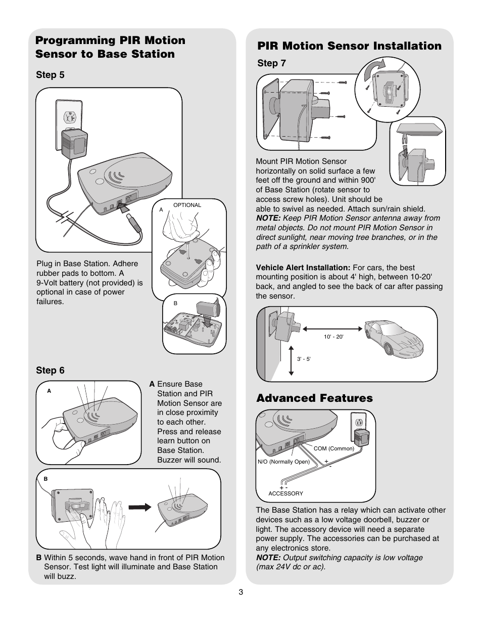 Programming pir motion sensor to base station, Pir motion sensor installation, Advanced features | Step 7 step 5, Step 6 | Chamberlain RWA300R User Manual | Page 3 / 4