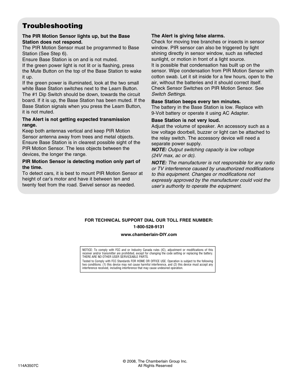 Troubleshooting, For technical support | Chamberlain RWA300R User Manual | Page 4 / 4