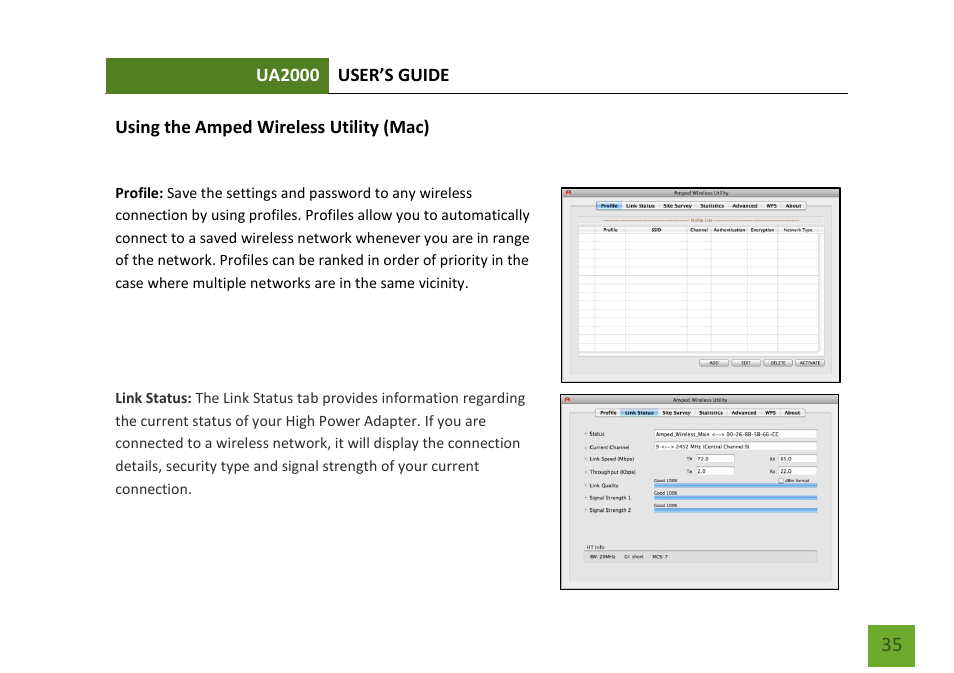 Using the amped wireless utility (mac) | Amped Wireless UA2000 - High Power Wireless-N Directional Dual Band USB Adapter User Manual | Page 36 / 57