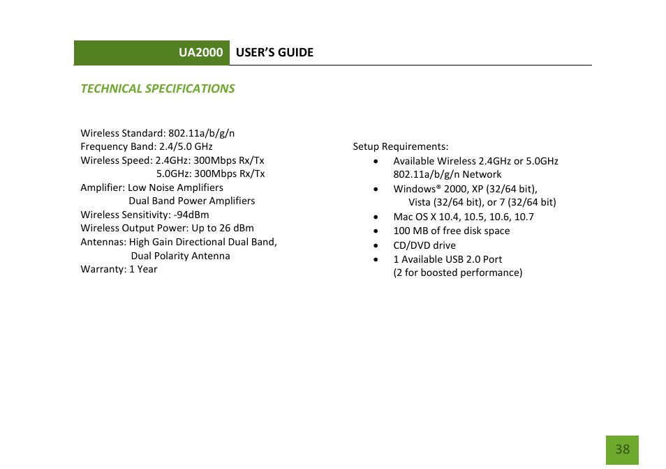 Technical specifications, Troubleshooting and support | Amped Wireless UA2000 - High Power Wireless-N Directional Dual Band USB Adapter User Manual | Page 39 / 57