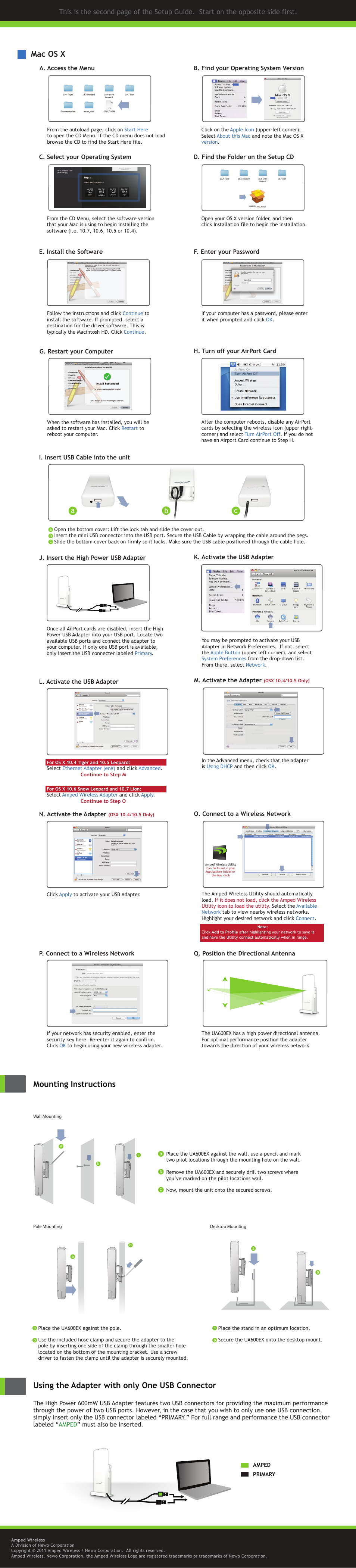 Using the adapter with only one usb connector, Mounting instructions mac os x, Ab c | Amped Wireless UA600EX - High Power Wireless-N 600mW Pro USB Adapter User Manual | Page 2 / 2