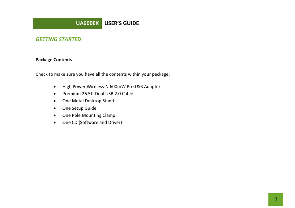 Getting started, Package contents | Amped Wireless UA600EX - High Power Wireless-N 600mW Pro USB Adapter User Manual | Page 4 / 65