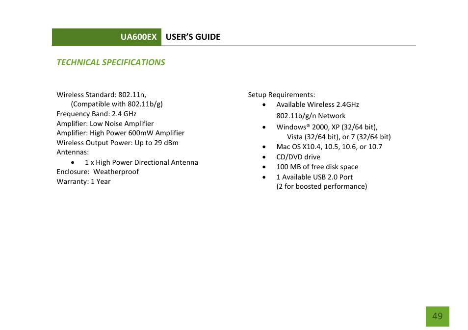 Technical specifications | Amped Wireless UA600EX - High Power Wireless-N 600mW Pro USB Adapter User Manual | Page 50 / 65