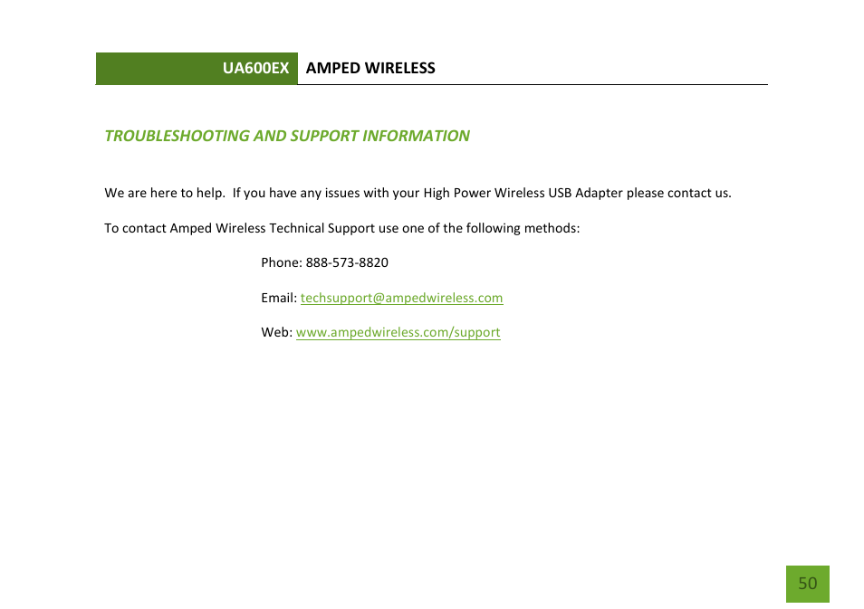 Troubleshooting / support | Amped Wireless UA600EX - High Power Wireless-N 600mW Pro USB Adapter User Manual | Page 51 / 65