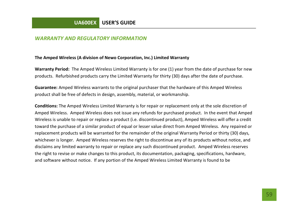 Warranty and regulatory info | Amped Wireless UA600EX - High Power Wireless-N 600mW Pro USB Adapter User Manual | Page 60 / 65