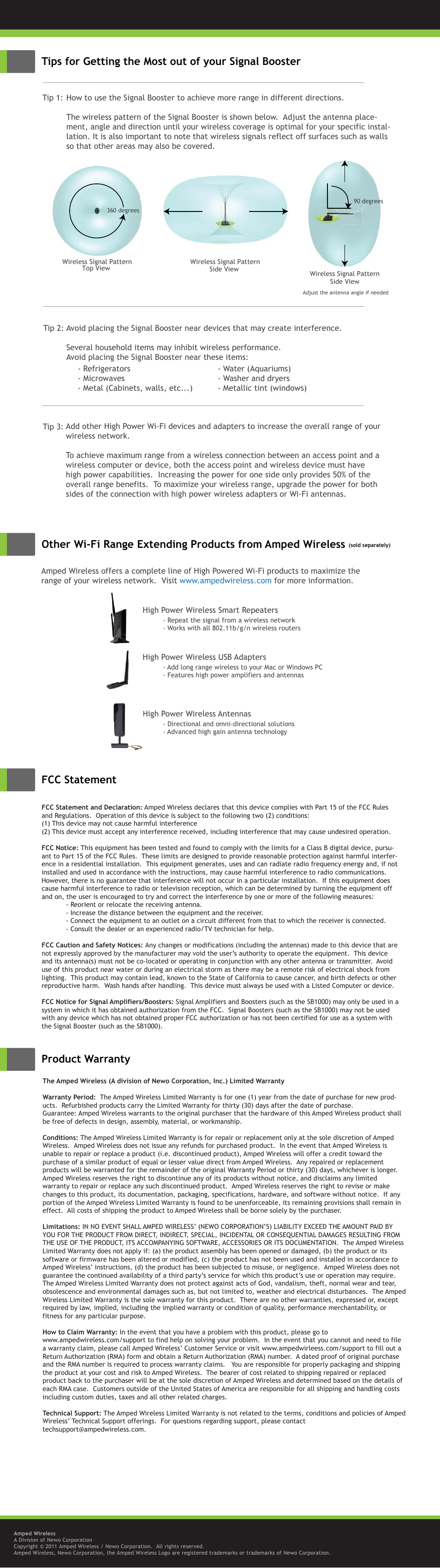 Fcc statement product warranty | Amped Wireless SB1000 - High Power Wi-Fi Signal Booster User Manual | Page 2 / 2