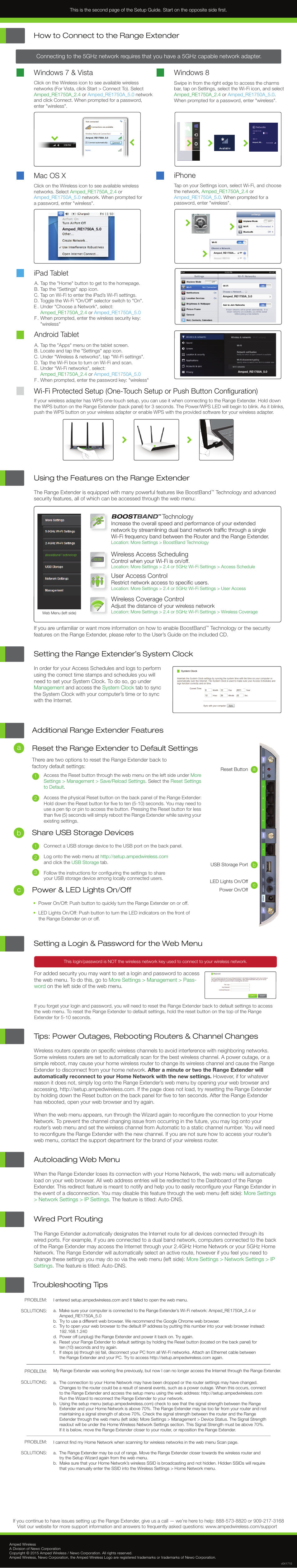 Troubleshooting tips, Share usb storage devices, Using the features on the range extender | Ipad tablet, Android tablet mac os x, Windows 7 & vista, Iphone, Windows 8, How to connect to the range extender a b, Setting the range extender’s system clock | Amped Wireless RE1750A - High Power AC1750 Wi-Fi Range Extender User Manual | Page 2 / 2