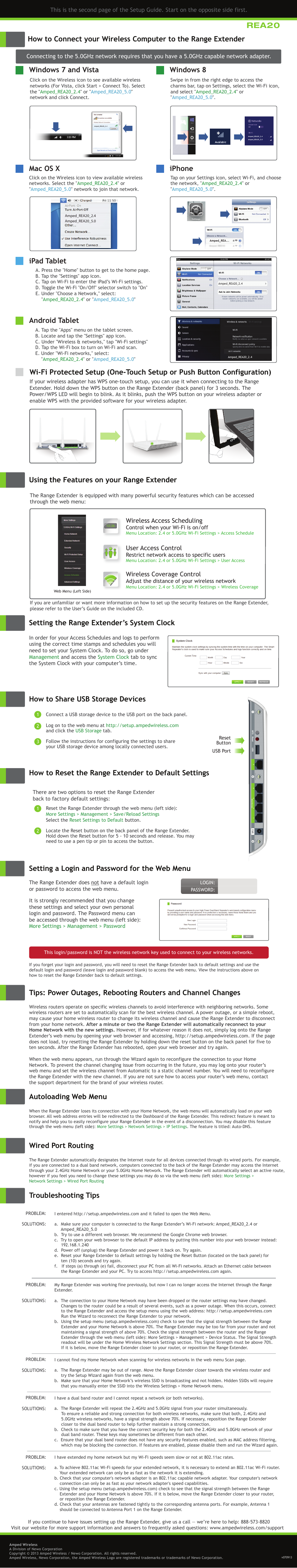 Rea20, Troubleshooting tips windows 7 and vista mac os x, Using the features on your range extender | Autoloading web menu, Wired port routing, Setting a login and password for the web menu, How to share usb storage devices, Windows 8, Iphone, Ipad tablet | Amped Wireless REA20 - High Power 700mW Dual Band AC Wi-Fi Range Extender User Manual | Page 2 / 2