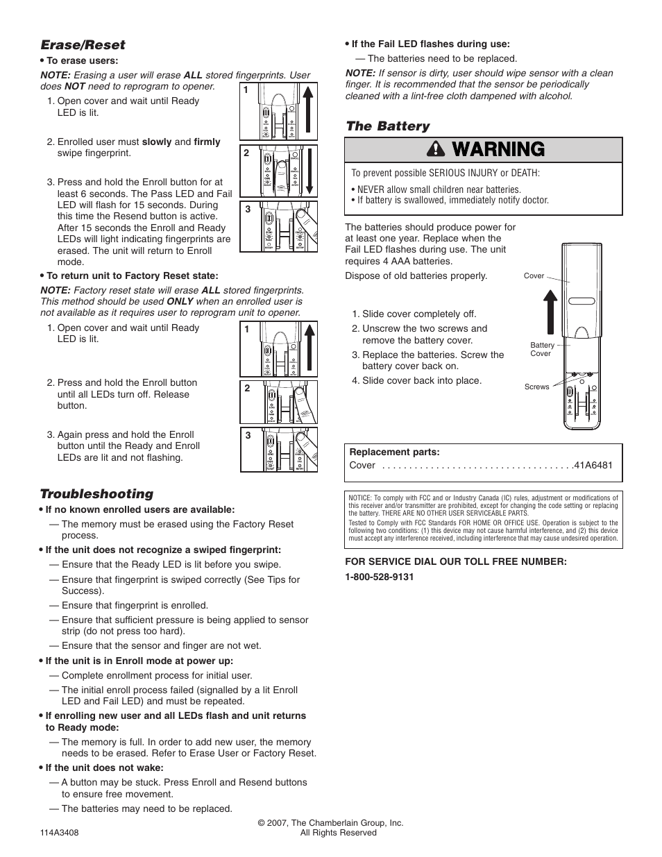 Warning, Erase/reset, Troubleshooting | The battery | Chamberlain 942FP User Manual | Page 4 / 8