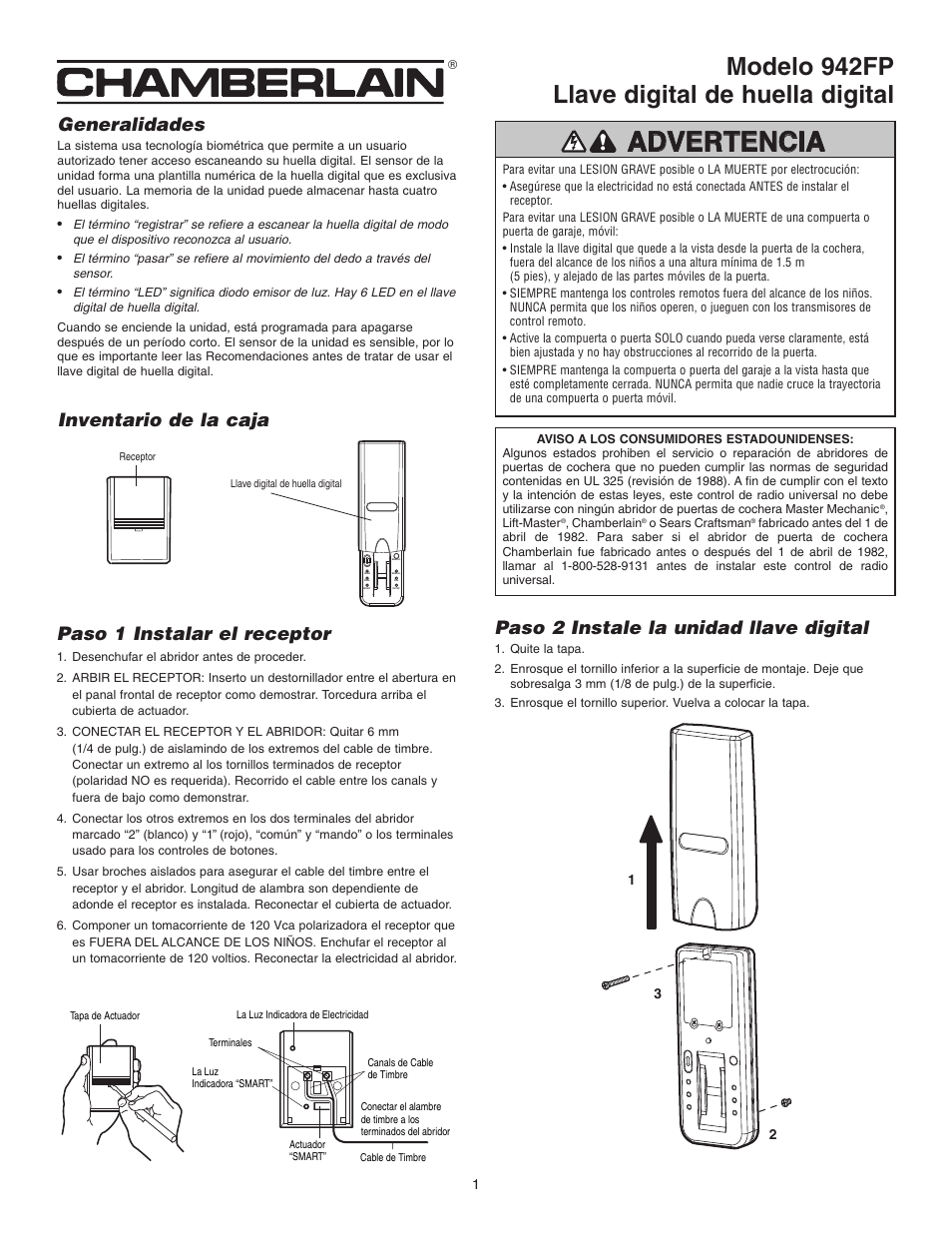 Spanish, Advertencia, Modelo 942fp llave digital de huella digital | Generalidades, Inventario de la caja, Paso 1 instalar el receptor, Paso 2 instale la unidad llave digital | Chamberlain 942FP User Manual | Page 5 / 8