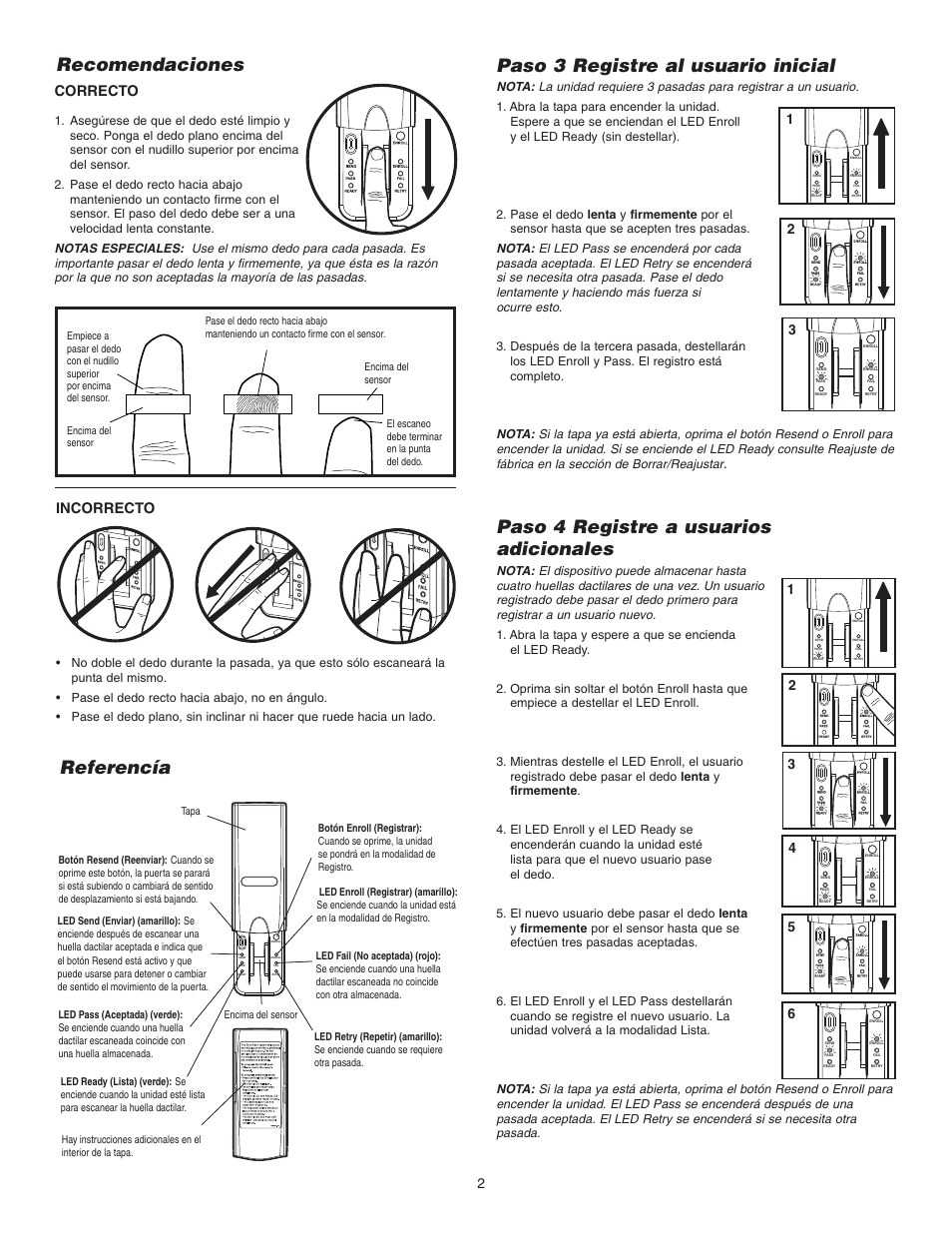 Recomendaciones, Referencía, Paso 3 registre al usuario inicial | Paso 4 registre a usuarios adicionales, Correcto, Incorrecto | Chamberlain 942FP User Manual | Page 6 / 8