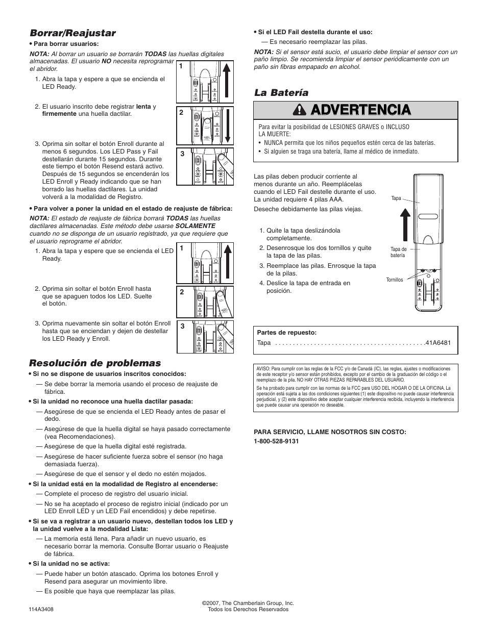 Advertencia, Borrar/reajustar, Resolución de problemas | La batería | Chamberlain 942FP User Manual | Page 8 / 8