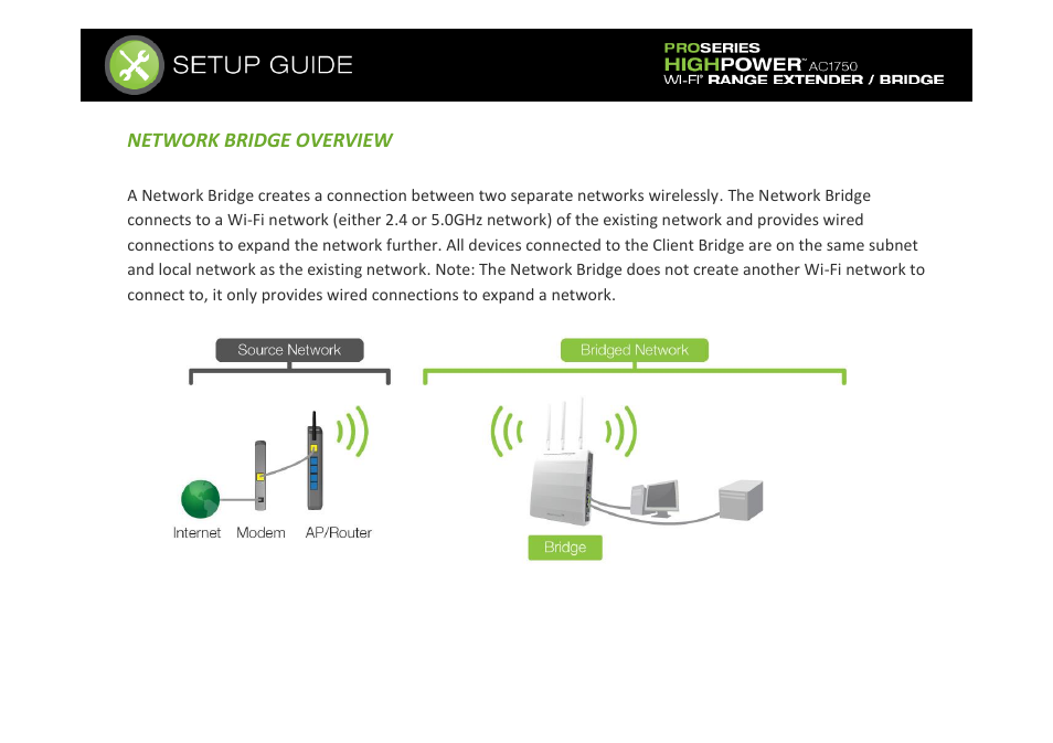Network bridge mode overview and basic setup | Amped Wireless REB175P - ProSeries High Power AC1750 Wi-Fi Range Extender / Bridge User Manual | Page 10 / 64