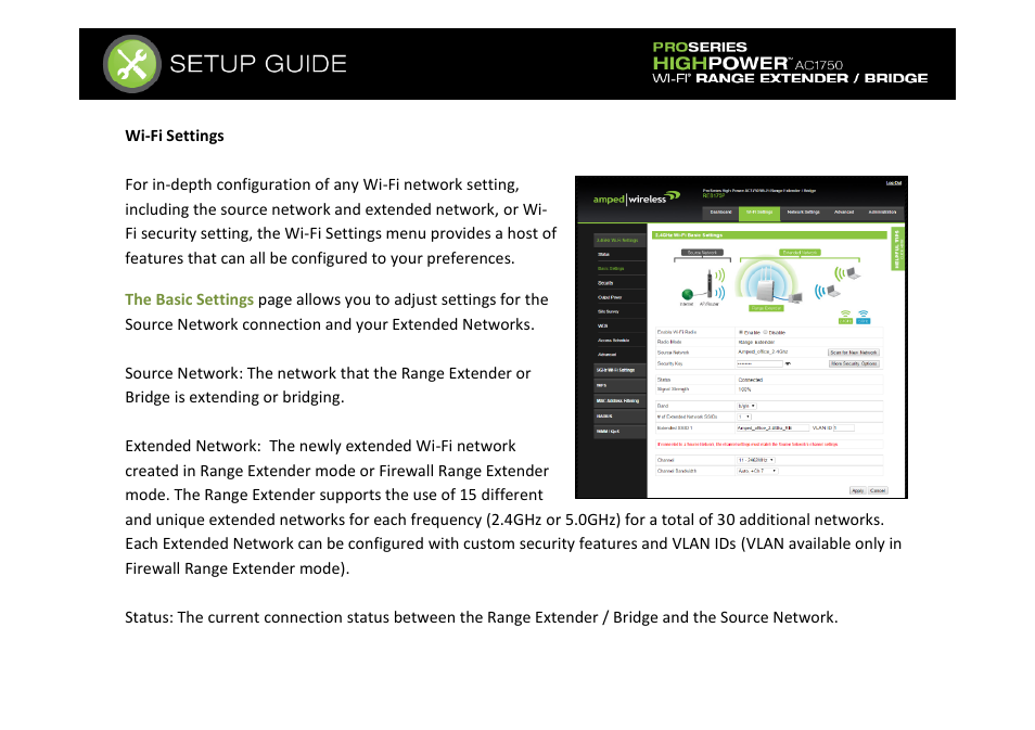 Wi-fi settings | Amped Wireless REB175P - ProSeries High Power AC1750 Wi-Fi Range Extender / Bridge User Manual | Page 46 / 64