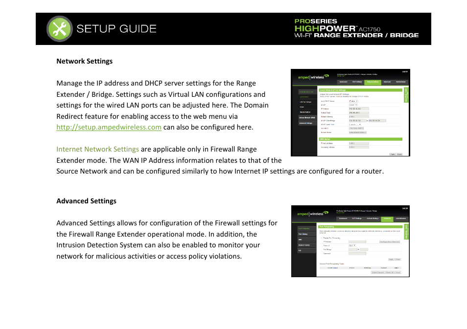 Network settings, Advanced settings | Amped Wireless REB175P - ProSeries High Power AC1750 Wi-Fi Range Extender / Bridge User Manual | Page 50 / 64