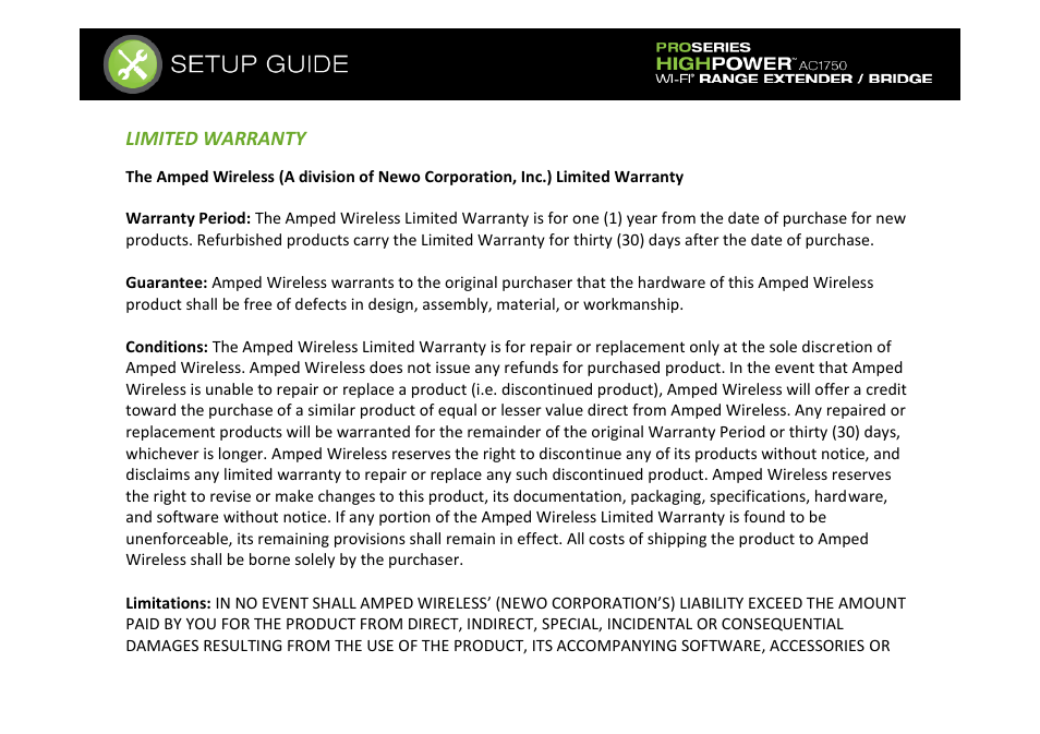 Limited warranty | Amped Wireless REB175P - ProSeries High Power AC1750 Wi-Fi Range Extender / Bridge User Manual | Page 52 / 64