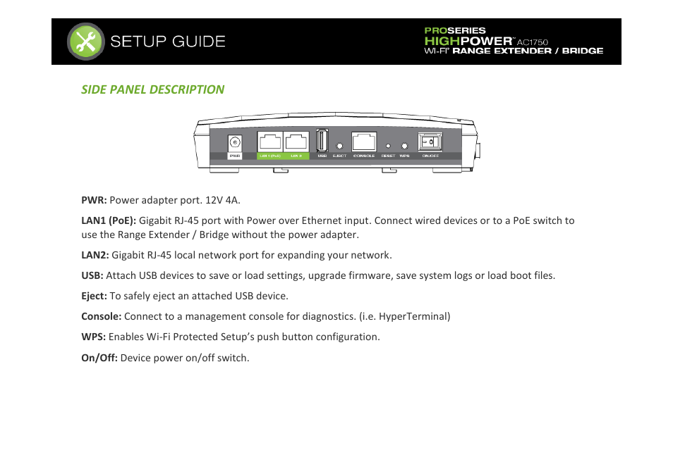 Side panel description | Amped Wireless REB175P - ProSeries High Power AC1750 Wi-Fi Range Extender / Bridge User Manual | Page 6 / 64