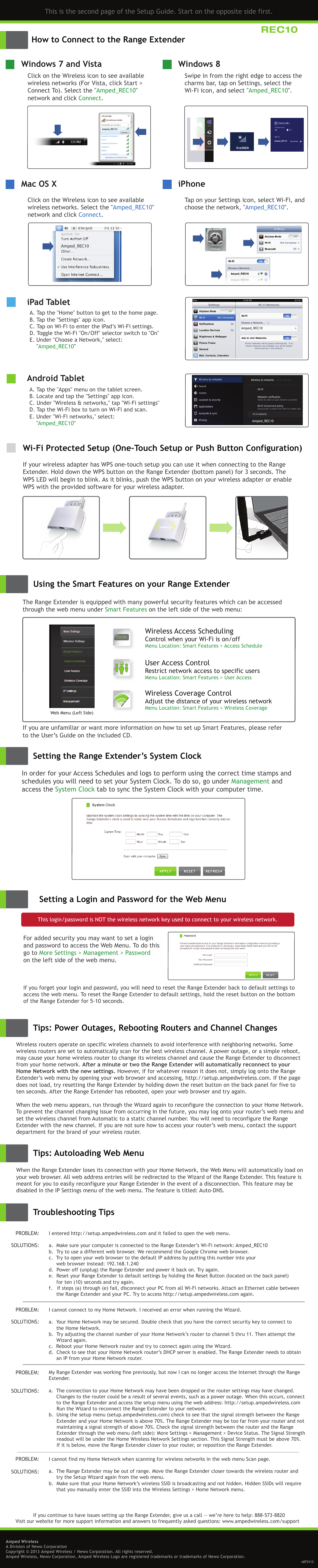 Rec10, Using the smart features on your range extender, Tips: autoloading web menu | Windows 8, Ipad tablet, Android tablet, Setting a login and password for the web menu, Wireless access scheduling, User access control, Wireless coverage control | Amped Wireless REC10 - High Power Compact Wi-Fi Range Extender User Manual | Page 2 / 2