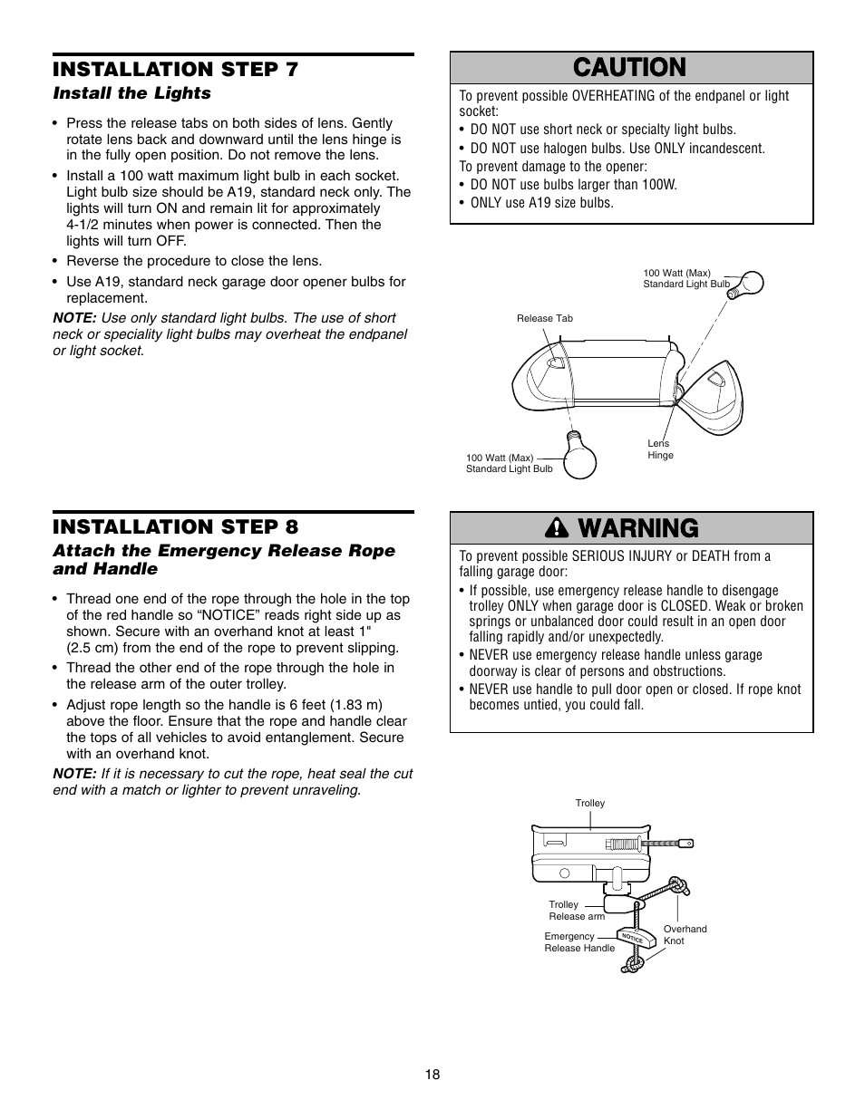 Installation step 7 install the lights, Warning caution warning warning, Installation step 7 | Installation step 8 | Chamberlain WD832KD 1/2 HP User Manual | Page 18 / 40