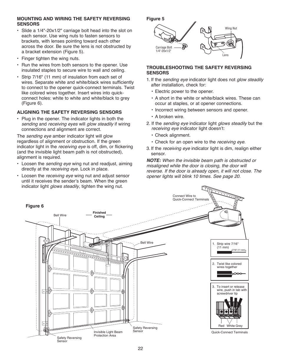 Mounting and wiring the safety reversing sensors | Chamberlain WD832KD 1/2 HP User Manual | Page 22 / 40