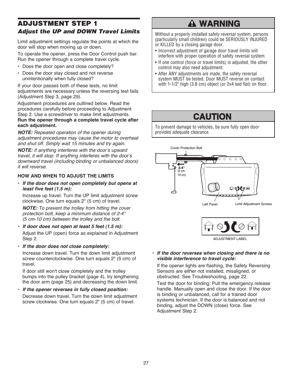 Adjustment, Adjustment step 1, Adjust the up and down travel limits | Chamberlain WD832KD 1/2 HP User Manual | Page 27 / 40