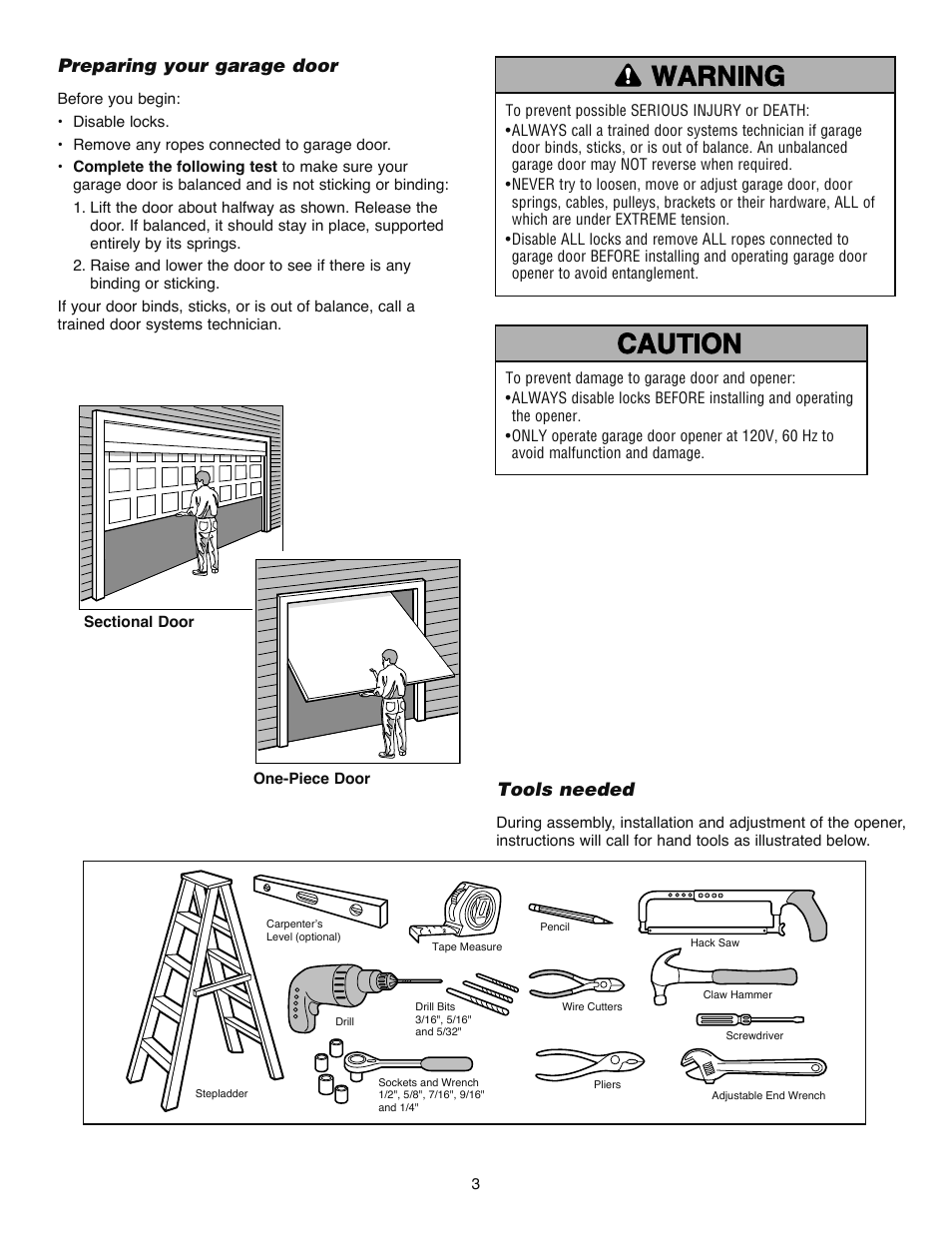 Preparing your garage door, Tools needed | Chamberlain WD832KD 1/2 HP User Manual | Page 3 / 40