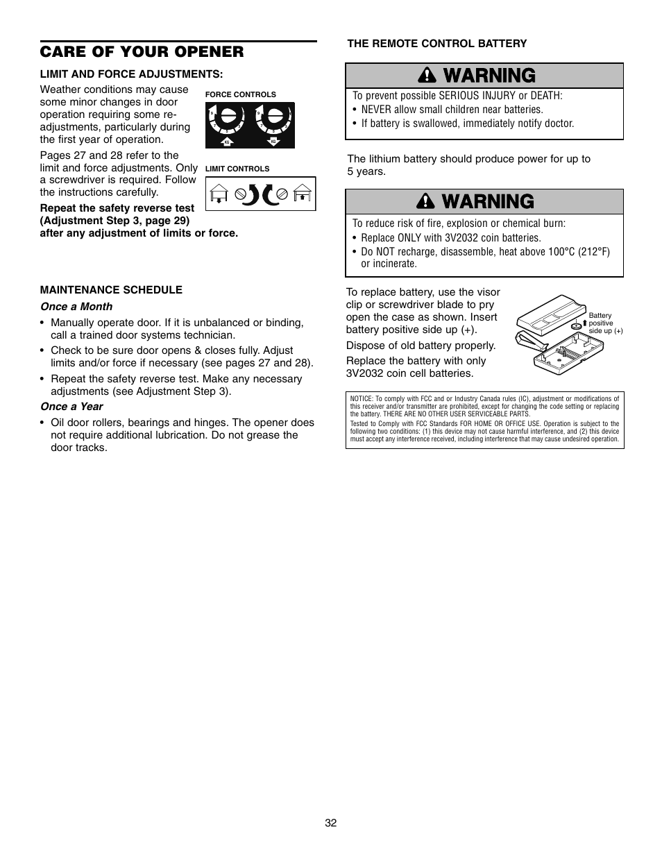 Care of your opener, Warning caution warning warning | Chamberlain WD832KD 1/2 HP User Manual | Page 32 / 40