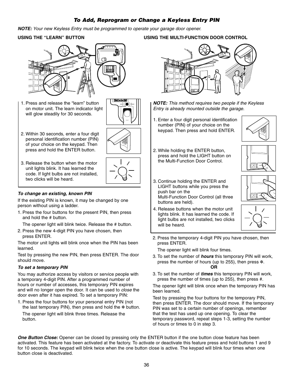 To add, reprogram or change a keyless entry pin | Chamberlain WD832KD 1/2 HP User Manual | Page 36 / 40