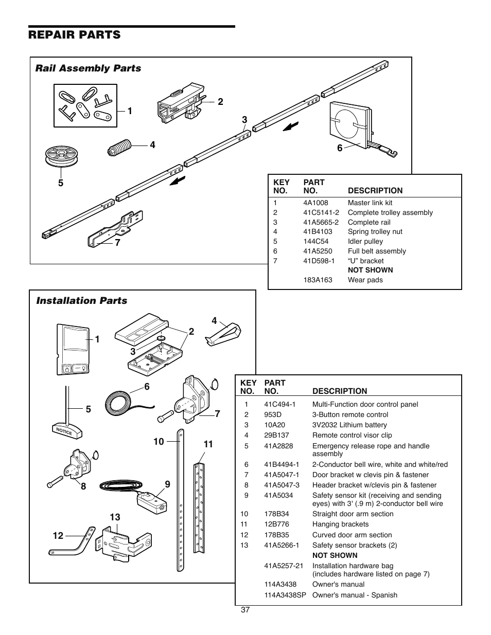 Repair parts, Rail assembly parts, Installation parts | Chamberlain WD832KD 1/2 HP User Manual | Page 37 / 40